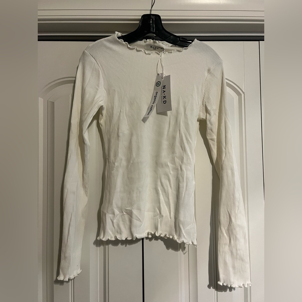 NA-KD White Ribbed Long Sleeve Top
